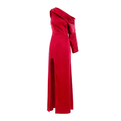 Bluzat Women's Bold Elegance Red Midi Dress With Asymmetric Neckline And Side Slit