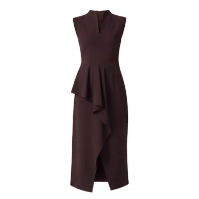 Bluzat Women's Brown Asymmetrical Midi Dress With Decorative Ruffle