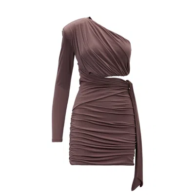 Bluzat Women's Brown Asymmetrical Mini Dress With Scarf