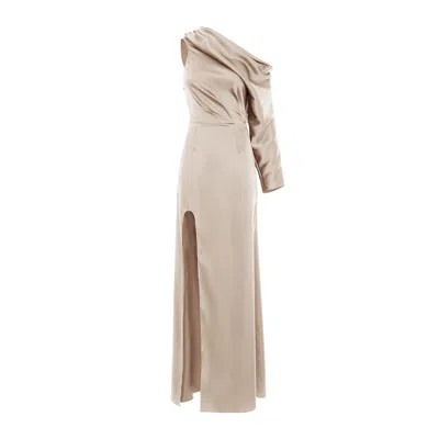 Bluzat Women's Brown Beige Allure Midi Dress With Asymmetric Neckline And Side Slit
