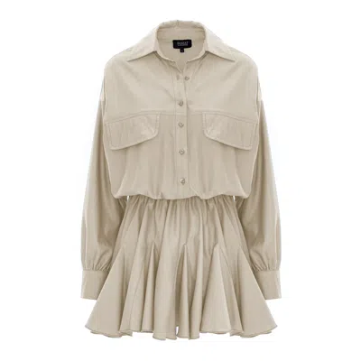 Bluzat Women's Brown Beige Oversized Shirt Dress With Gathered Waist & Ruffle Hem