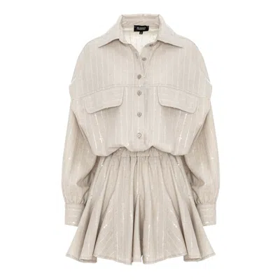 Bluzat Women's Brown Beige Shimmer Linen Oversized Shirt Dress With Insertions