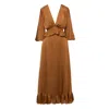 Bluzat Women's Brown Bronze Midi Dress With V-neckline And Ruffles In Brown