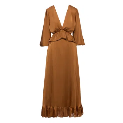 Bluzat Women's Brown Bronze Midi Dress With V-neckline And Ruffles