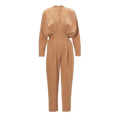Bluzat Women's Brown Camel Maxi Jumpsuit With Button And Corset