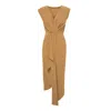 Bluzat Women's Brown Camel Midi Dress With Draping And Pleats In Brown