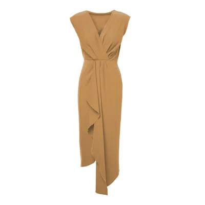 Bluzat Women's Brown Camel Midi Dress With Draping And Pleats