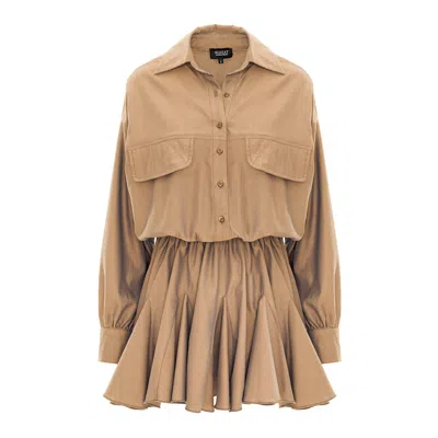 Bluzat Women's Brown Dark Beige Oversized Shirt Dress With Gathered Waist & Ruffle Hem