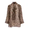 Bluzat Women's Brown Leopard Chiffon Blouse With Draped Shoulders & Bow Ribbon In Brown