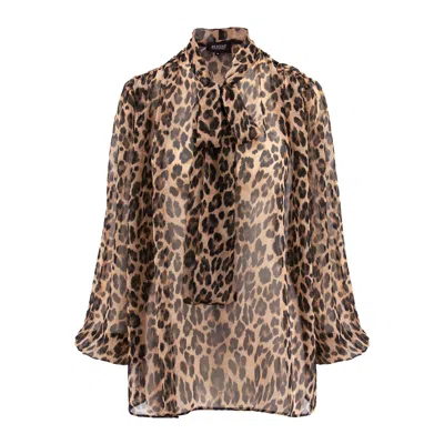 Bluzat Women's Brown Leopard Chiffon Blouse With Draped Shoulders & Bow Ribbon