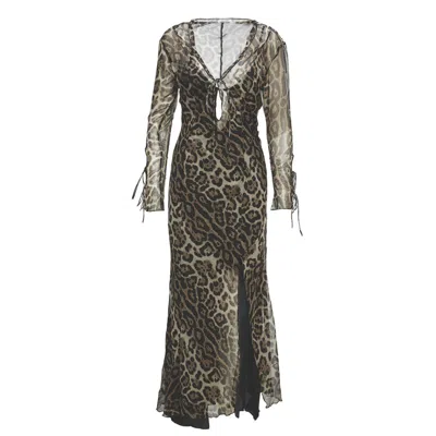 Bluzat Women's Brown Midi Dress With Leopard Print