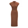 Bluzat Women's Brown Midi Dress With Oversized Shoulders And Side Slit In Brown