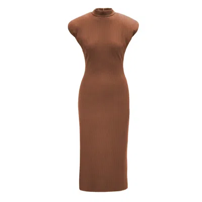 Bluzat Women's Brown Midi Dress With Oversized Shoulders And Side Slit