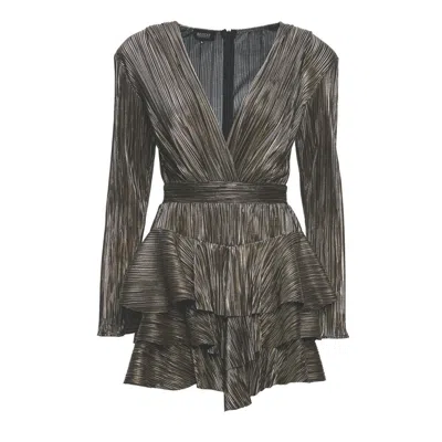 Bluzat Women's Brown Mini Dress With Ruffles And V-neck