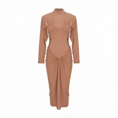 Bluzat Women's Brown / Neutrals Beige Midi Dress With Heart-shaped Detail