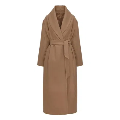 Bluzat Women's Brown / Neutrals Long Wool Blend Coat With Rounded Lapels In Camel