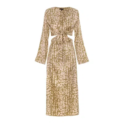 Bluzat Women's Brown Olive Leopard Print Cutout Midi Dress With Tie Waist