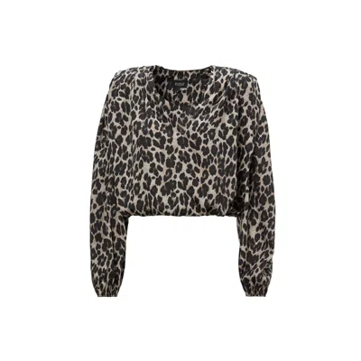 Bluzat Women's Brown Printed Blouse With Draping Detailing And Puffy Sleeves