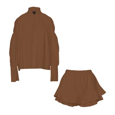 Bluzat Women's Brown Set With Blouse And Pants With Skirt