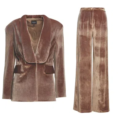 Bluzat Women's Brown Velvet Suit With Blazer And Straight Trousers