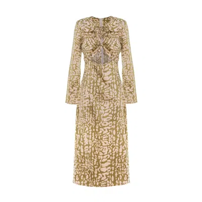 Bluzat Women's Brown / Yellow Olive Snake Print Cutout Midi Dress With Bell Sleeves In Multi