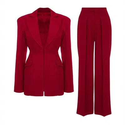 Bluzat Women's Dark Red Suit With Balloon Blazer And Wide Leg Trousers In Multi