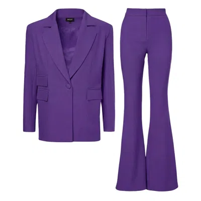 Bluzat Women's Deep Purple Suit With Regular Blazer With Double Pocket And Flared Trousers