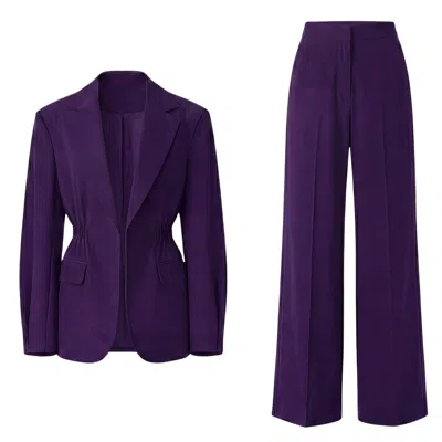 Bluzat Women's Deep Purple Suit With Waist Accentuated Blazer And Wide-leg Trousers