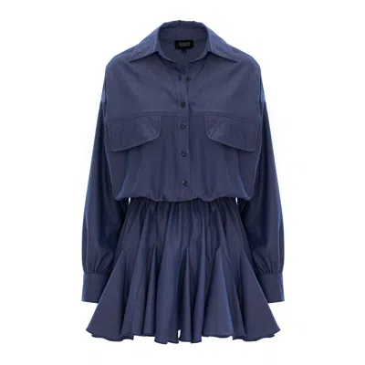 Bluzat Women's Denim Blue Oversized Shirt Dress With Gathered Waist & Ruffle Hem