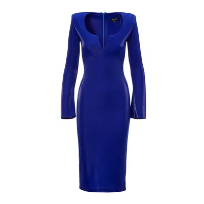Bluzat Women's Electric Blue Bodycon Midi Dress With V Neck Detail And Structured Shoulders
