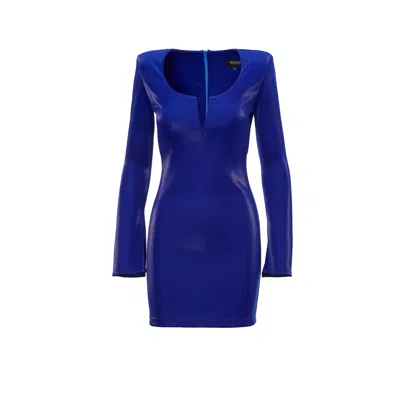 Bluzat Women's Electric Blue Bodycon Mini Dress With V-neck Detail And Structured Shoulders