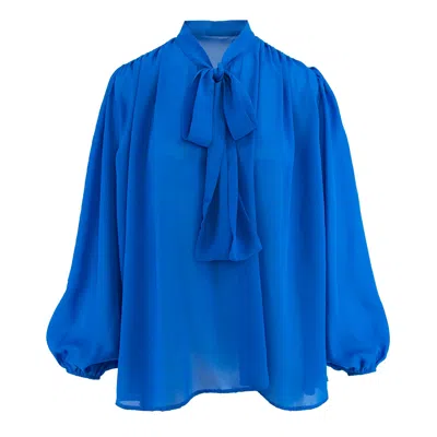 Bluzat Women's Electric Blue Chiffon Blouse With Draped Shoulders & Bow Ribbon