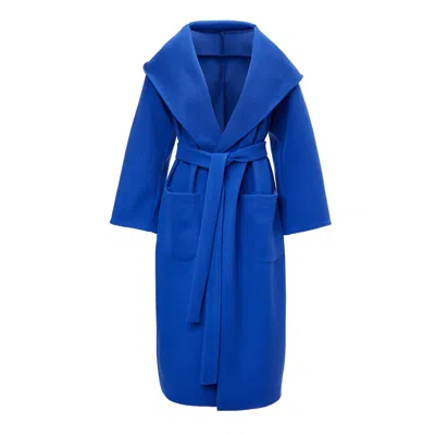 Bluzat Women's Electric Blue Hooded Coat With Waist Belt