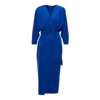 Bluzat Women's Electric Blue Midi Dress With Draping Detailing And Waist Belt