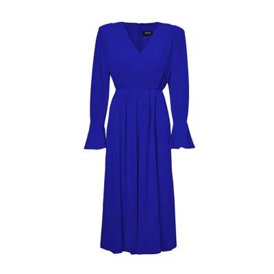 Bluzat Women's Electric Blue Midi Dress With Pleats And Proeminent Shoulders