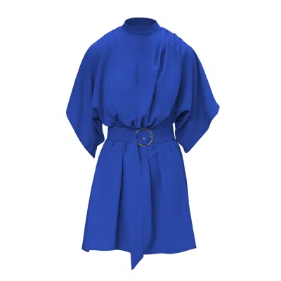 Bluzat Women's Electric Blue Mini Dress With Pleats And Waist Belt