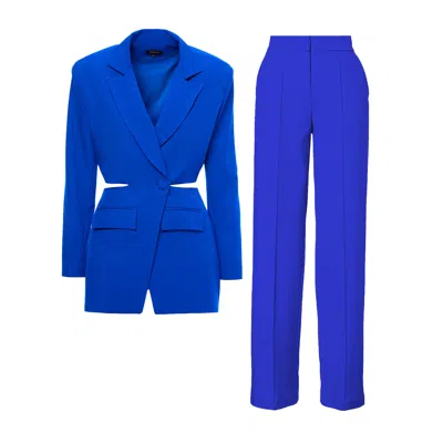 Bluzat Women's Electric Blue Suit With Blazer With Waistline Cut-out And Stripe Detail Trousers