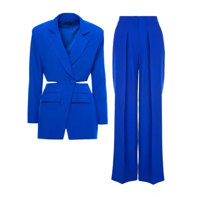 Bluzat Women's Electric Blue Suit With Blazer With  Waistline Cut-out And Ultra Wide Leg Trousers