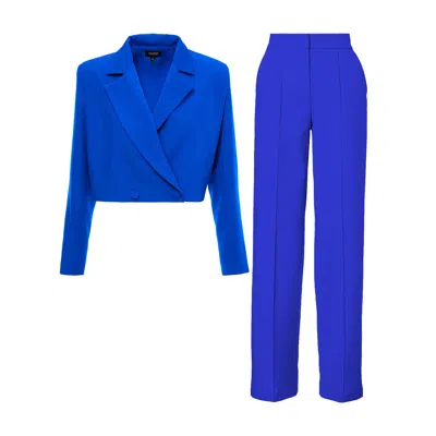 Bluzat Women's Electric Blue Suit With Cropped Blazer And Stripe Detail Trousers