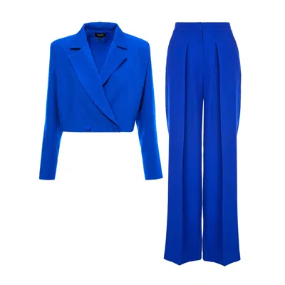 Bluzat Women's Electric Blue Suit With Cropped Blazer And Ultra Wide Leg Trousers