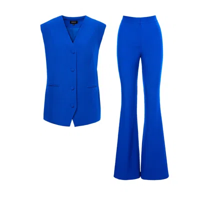 Bluzat Women's Electric Blue Suit With Oversized Vest And Flared Trousers