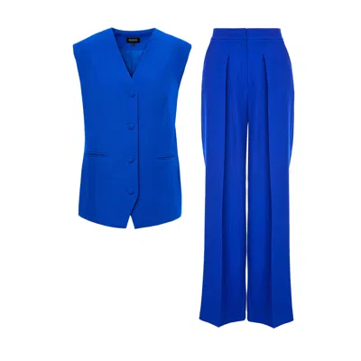 Bluzat Women's Electric Blue Suit With Oversized Vest And Ultra Wide Leg Trousers