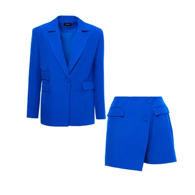 Bluzat Women's Electric Blue Suit With Regular Blazer With  Double Pocket And Skort