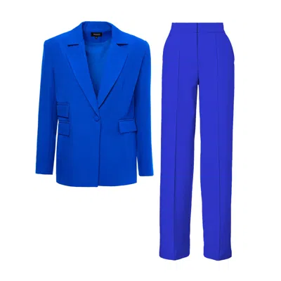 Bluzat Women's Electric Blue Suit With Regular Blazer With Double Pocket And Stripe Detail Trousers