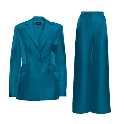 Bluzat Women's Electric Blue Taffeta Suit With Blazer And Straight Trousers