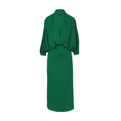 Bluzat Women's Emerald Green Draped Dress With Flared Sleeves