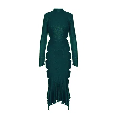 Bluzat Women's Emerald Green Metallic Midi Dress With Cut-outs And Asymmetric Ruffle Hem