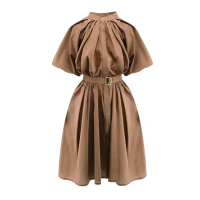 Bluzat Women's Gold / Brown Bronze Dress With Raglan Sleeve And Pleats In Gold/brown