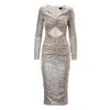 Bluzat Women's Gold Sequin Midi Dress With Cut-out And Gathered Detailing In Gold