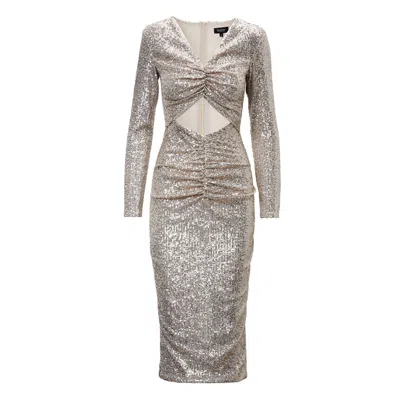 Bluzat Women's Gold Sequin Midi Dress With Cut-out And Gathered Detailing